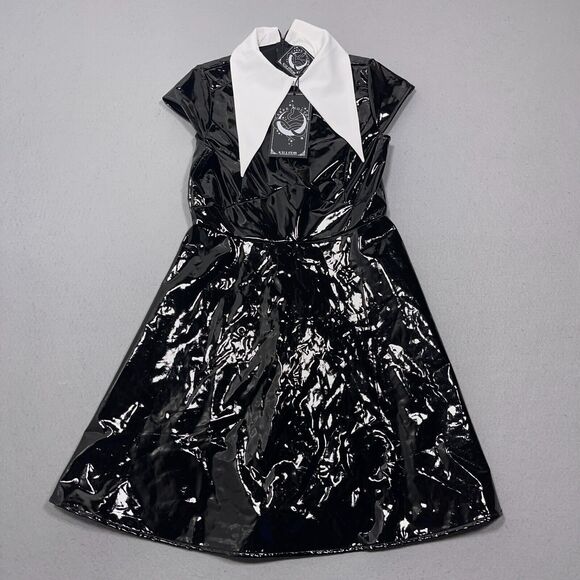 KILLSTAR Wednesday Witch Black Gloss Dress S‎ Dagger Collar Keyhole Gothic NWT - Picture 1 of 16